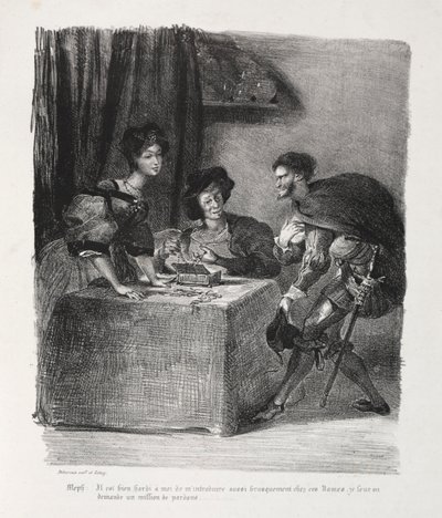 ファウストのイラスト：メフィストフェレスは1828年のマルトにいる。 作： Ferdinand Victor Eugene Delacroix