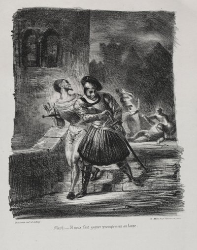 ファウストのイラスト：メフィストフェレスとファウストは、1828年の決闘後に逃亡しました。 作： Ferdinand Victor Eugene Delacroix