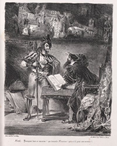 ファウストの挿絵：メフィストフェレスがファウストを訪問、1828年。 作： Ferdinand Victor Eugene Delacroix