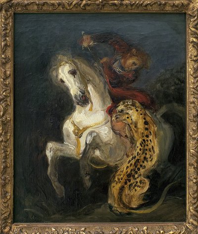 騎手を襲うジャガー。ウジェーヌ・ドラクロワ（1798-1863）による絵画、油彩、キャンバス 作： Ferdinand Victor Eugene Delacroix