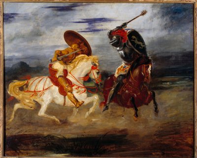 田園地帯で戦う騎士たち。ウジェーヌ・ドラクロワ（1798-1863）による絵画 作： Ferdinand Victor Eugene Delacroix