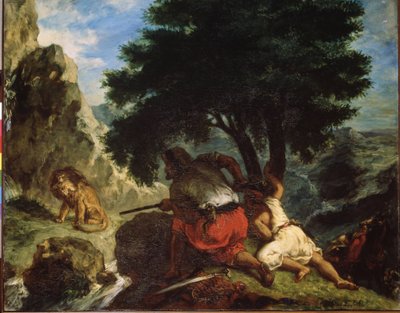「モロッコのライオン狩り」 (モロッコのライオン狩り) Eugene Delacroix (1798-1863) による絵画 1854 Orientalism Dim. 74x92 cm エルミタージュ美術館、サンクトペテルブルク 作： Ferdinand Victor Eugene Delacroix