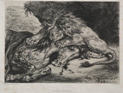 ライオンが馬を食い尽くす、1844年。 作： Ferdinand Victor Eugene Delacroix