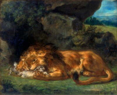 19世紀のウサギをむさぼり食うライオン 作： Ferdinand Victor Eugene Delacroix