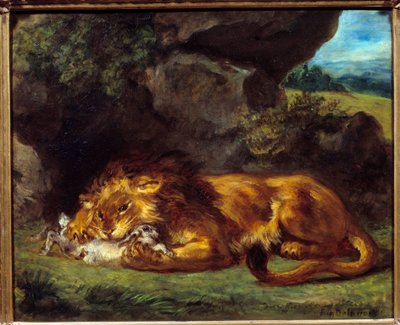 ウサギを叩くライオンウジェーヌ・ドラクロワ（1798-1863）による絵画 作： Ferdinand Victor Eugene Delacroix