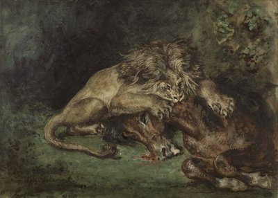 ライオン・デボラント・アン・シュヴァル（ライオンが食う馬）、c。 1844（水彩、ボディカラー、アラビアゴム、紙に黒鉛、ボードに取り付け） 作： Ferdinand Victor Eugene Delacroix