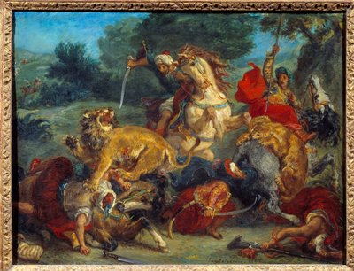ライオン狩り。ウジェーヌ・ドラクロワ（1798-1863）による絵画 作： Ferdinand Victor Eugene Delacroix