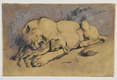 ラビットをむさぼり食うライオン（茶色の紙に赤みがかったペンとインク） 作： Ferdinand Victor Eugene Delacroix