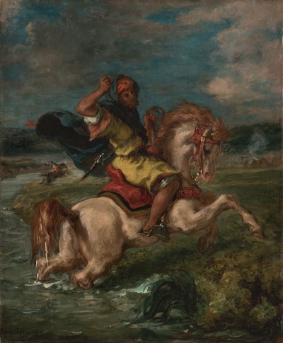 フォードを渡るモロッコの騎手、1850年頃（キャンバスに油彩） 作： Ferdinand Victor Eugene Delacroix