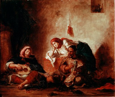 オリエンタリズム：「モロッコ、モガドールのユダヤ人音楽家」 ウジェーヌ・ドラクロワ（1798-1863）の絵画 19世紀 日。046x0,55 m パリ、ルーヴル美術館 作： Ferdinand Victor Eugene Delacroix