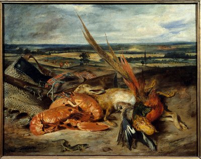 オマール海老と狩猟・漁撈のトロフィーが描かれた静物画 ウジェーヌ・ドラクロワ（1798-1863）の絵画 1827年 Sun.0,80 x 1,06 m パリルーブル美術館 作： Ferdinand Victor Eugene Delacroix