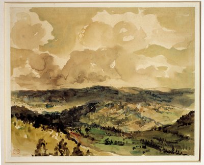 クロース周辺の森の丘のパノラマ風景 ウジェーヌ・ドラクロワ（1798-1863）による水彩画 1855年頃 日の丸0.21 x 0.26 m パリルーブル美術館 作： Ferdinand Victor Eugene Delacroix