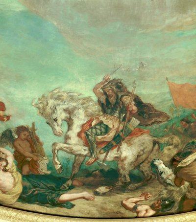 フン族の王アッティラ(395-453)の肖像 ウジェーヌ・ドラクロワ(1798-1863)による国民議会図書館(ブルボン宮)のドームを飾るフレスコ画の詳細 1843年 パリ 作： Ferdinand Victor Eugene Delacroix