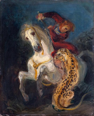 ジャガーに襲われたライダー-ドラクロワ、ユージーン 作： Ferdinand Victor Eugene Delacroix