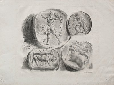 4つのアンティークメダルのシート、1825年。 作： Ferdinand Victor Eugene Delacroix