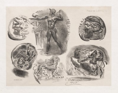 6つのアンティークコインのシート、1825年。 作： Ferdinand Victor Eugene Delacroix