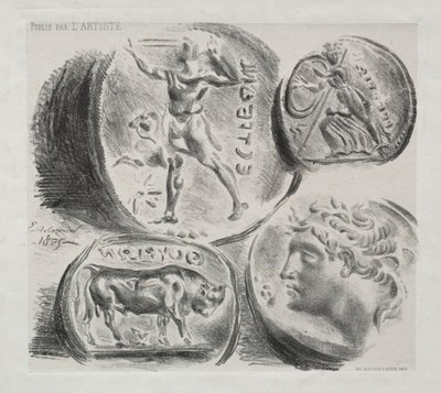 1825年の4つのアンティークメダルを収めたシート。 作： Ferdinand Victor Eugene Delacroix
