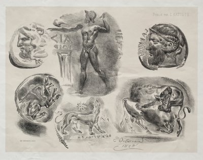 1825年の6つのアンティークメダルのあるシート 作： Ferdinand Victor Eugene Delacroix
