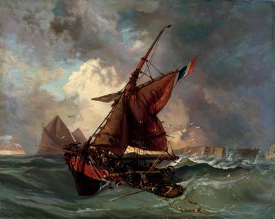 荒れ模様の海の船、19世紀 作： Ferdinand Victor Eugene Delacroix
