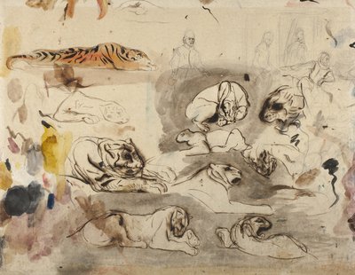 16世紀の衣装を身に着けた虎と男性のスケッチ、1828〜29年 作： Ferdinand Victor Eugene Delacroix