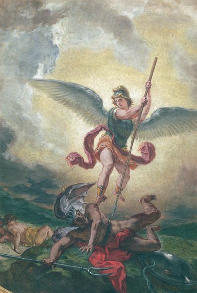 ドラゴンと戦う聖ミカエル、細部、サン・アンジェ礼拝堂1849-1861（石膏の油とワックス） 作： Ferdinand Victor Eugene Delacroix