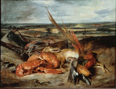 ロブスターと狩猟・釣りのトロフィーのある静物画 - キャンバスに油彩 作： Ferdinand Victor Eugene Delacroix