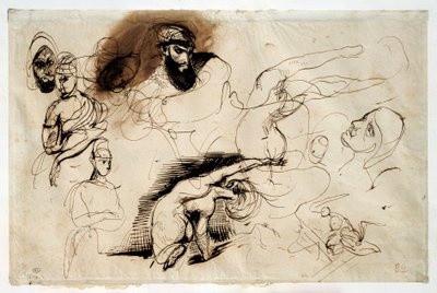 サルダナパレの死」のための習作。ウジェーヌ・ドラクロワ（1798-1863）によるドローイング 作： Ferdinand Victor Eugene Delacroix