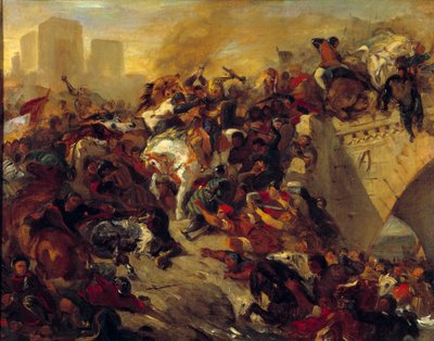 1242年7月21日、サン・ルイが勝利したタイユブールの戦い。シャラント川に架けられた橋によって、フランス北部と南部を結ぶ戦略的な通路となっていたタイユブールは、フランス王サン・ルイとその弟のカペー朝の軍隊に対抗していました。 作： Ferdinand Victor Eugene Delacroix
