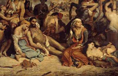サイオの大虐殺。オスマン・トルコに対するギリシャの独立戦争を描いたシーン。死や奴隷になるのを待つギリシャの民間人。詳細ウジェーヌ・ドラクロワ（1798-1863）による絵画 作： Ferdinand Victor Eugene Delacroix
