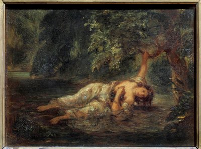 オフェリの死 ウィリアム・シェイクスピアの「ハムレット」の挿絵。ウジェーヌ・ドラクロワ（1798-1863）の絵画 日0,23x0,3 m 作： Ferdinand Victor Eugene Delacroix