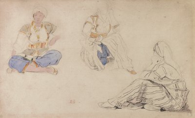 座ったモロッコの少女の3つの習作（紙に黒鉛と水彩） 作： Ferdinand Victor Eugene Delacroix