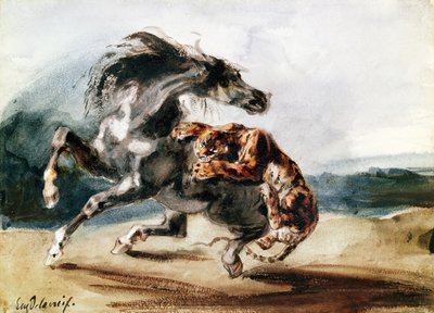 野生の馬を襲う虎（紙にペン＆インク、水彩 作： Ferdinand Victor Eugene Delacroix