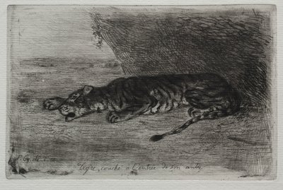 その隠れ家の入り口に横たわっているトラ。 作： Ferdinand Victor Eugene Delacroix