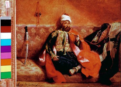 ソファでタバコを吸うトルコ人ウジェーヌ・ドラクロワ（1798-1863）の絵画 作： Ferdinand Victor Eugene Delacroix