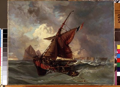 「テンペテの船」（嵐の海の船）ユージーン・ドラクロワ（1798-1863）による絵画19世紀ミカロユス・コンスタンティナス・シウリョーニス美術館、カウナス、リトアニア 作： Ferdinand Victor Eugene Delacroix