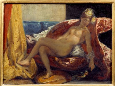 オウムを彫る女性ウジェーヌ・ドラクロワ（1798-1863）の絵画 作： Ferdinand Victor Eugene Delacroix