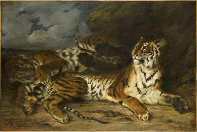 1830年、母親と遊ぶ若いトラ。 作： Ferdinand Victor Eugene Delacroix