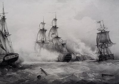 英米の三等帆船の戦闘（74門） フェルディナン・ペロのリトグラフ 作： Ferdinand Victor Perrot