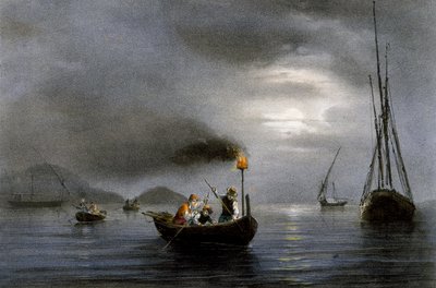 フェルディナン・ペロ(1808-1841)のカラーリトグラフ「釣りランプによる夜釣り 作： Ferdinand Victor Perrot