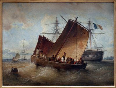 プルーガステルの船。フェルディナン・ペロ（1808-1841）による絵画。油彩・キャンバス 作： Ferdinand Victor Perrot