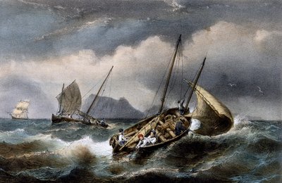 ブルトーニュ地方の海岸でのイワシ漁、Ferdinand Perrot（1808-1841）によるカラーリトグラフ。 作： Ferdinand Victor Perrot