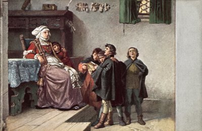 マーティンルーサーは1499年、ドイツのアイゼナハで学生だったときにフラウコッタに歌っていました。 作： Ferdinand Wilhelm Pauwels
