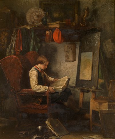 スタジオの若いアーティスト（パネルに油彩） 作： Ferdinand de Braekeleer