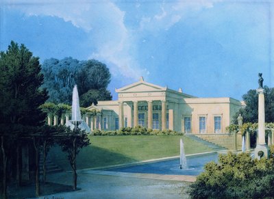 庭園からのシャルロッテンホーフの眺め、1855年（紙にペンとインク、トイレ） 作： Ferdinand von Arnim