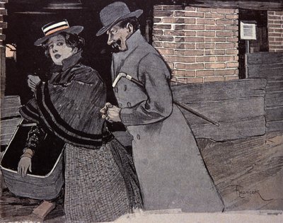 若い女性に嫌がらせをする男。F. Von Reznicekによるイラスト。シンプリシマス、ドイツ 作： Ferdinand von Reznicek