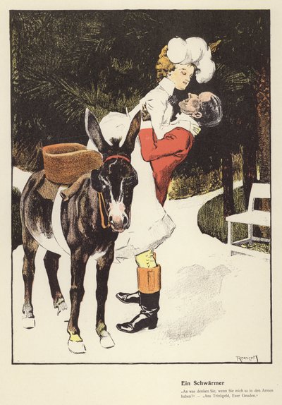 女性がロバから降りるのを手伝う男性（カラーリソ） 作： Ferdinand von Reznicek