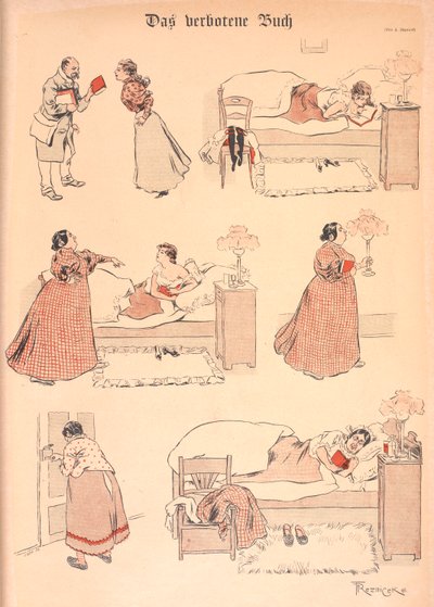 「禁じられた本」。 ベッドで本を読んでいる女の子。 それは年配の女性によって彼女から取られ、彼女はそれを自分で読みます。 作： Ferdinand von Reznicek