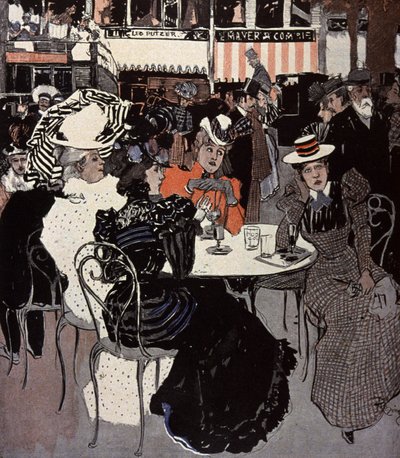 カフェの外のテーブルで話す女性Von Reznicekのイラストレーション。シンプリシマス、ドイツ 作： Ferdinand von Reznicek