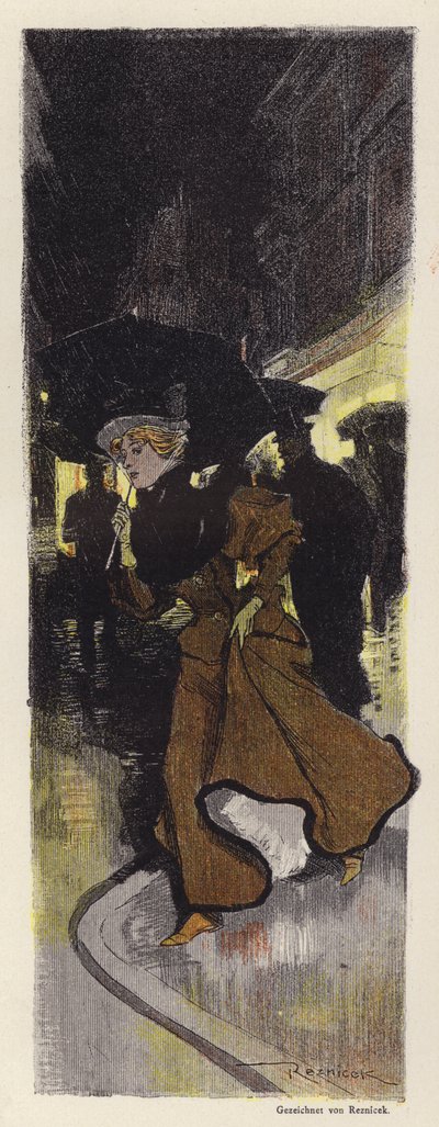 雨の日の夜道を歩く女性（カラーリトグラフ 作： Ferdinand von Reznicek