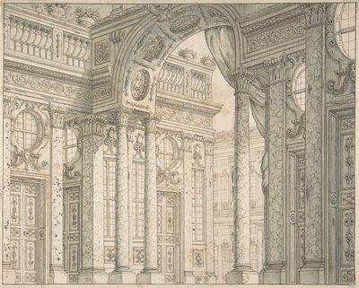 中庭と凱旋門のある舞台セットの遠近法のデザイン、カリフォルニア州。 1675-1743。 作： Ferdinando Galli Bibiena